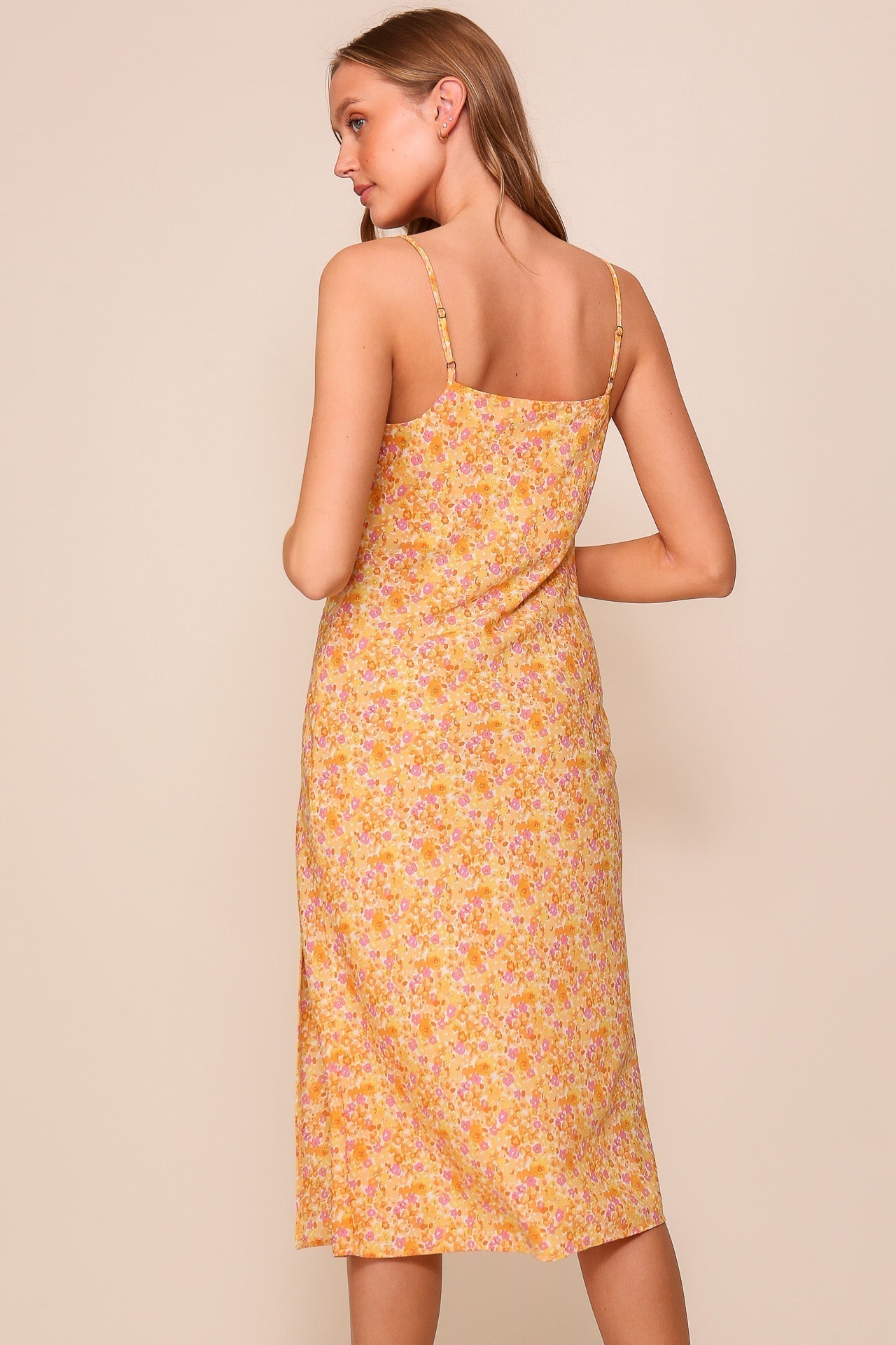 Back view of Timing (WD8575Z) Women's Adjustable Strap Cowl Neck Midi Slip Dress in Orange Ditsy Floral Print