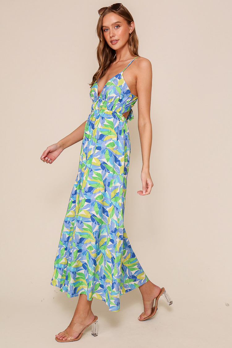 Side view of Timing (WD8867) Women's Sleeveless Asjustable Strap Maxi Dress with Back Tie in Blue Floral Print