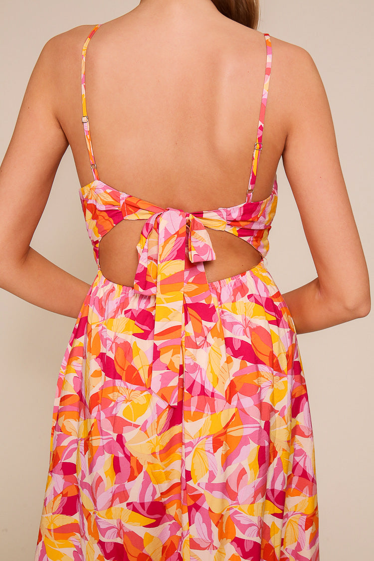 Close up back view of Timing (WD8867) Women's Sleeveless Asjustable Strap Maxi Dress with Back Tie in Pink Floral Print