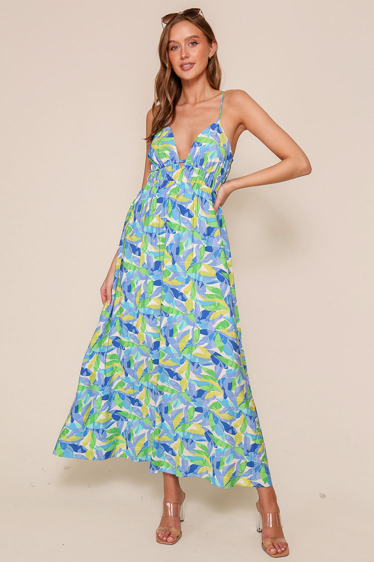 Timing (WD8867) Women's Sleeveless Asjustable Strap Maxi Dress with Back Tie in Blue Floral Print