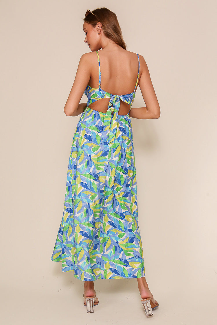 Back viw of Timing (WD8867) Women's Sleeveless Asjustable Strap Maxi Dress with Back Tie in BlueFloral Print