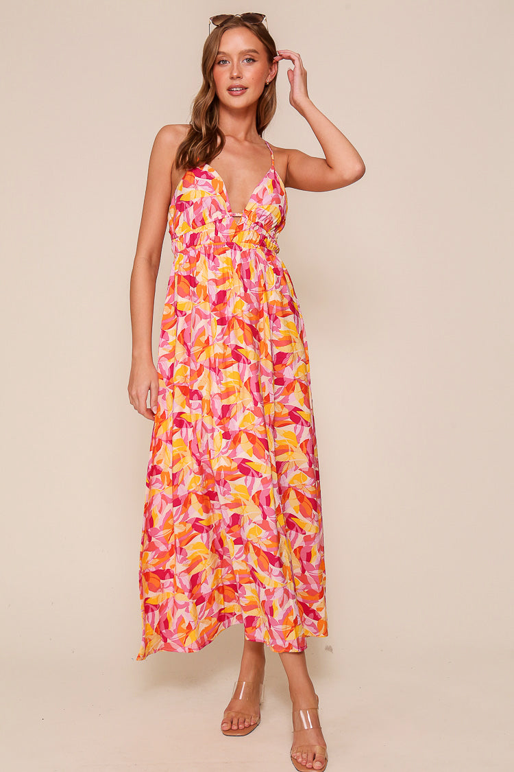 Timing (WD8867) Women's Sleeveless Asjustable Strap Maxi Dress with Back Tie in Pink Floral Print