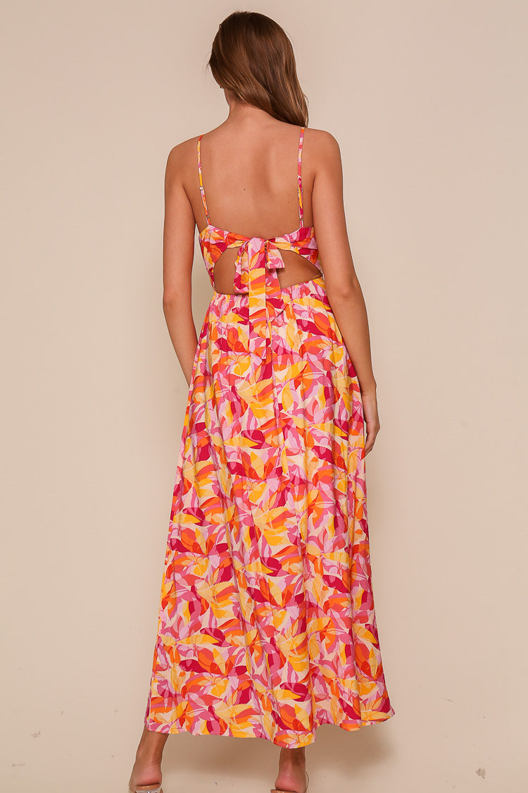 Back view of Timing (WD8867) Women's Sleeveless Asjustable Strap Maxi Dress with Back Tie in Pink Floral Print