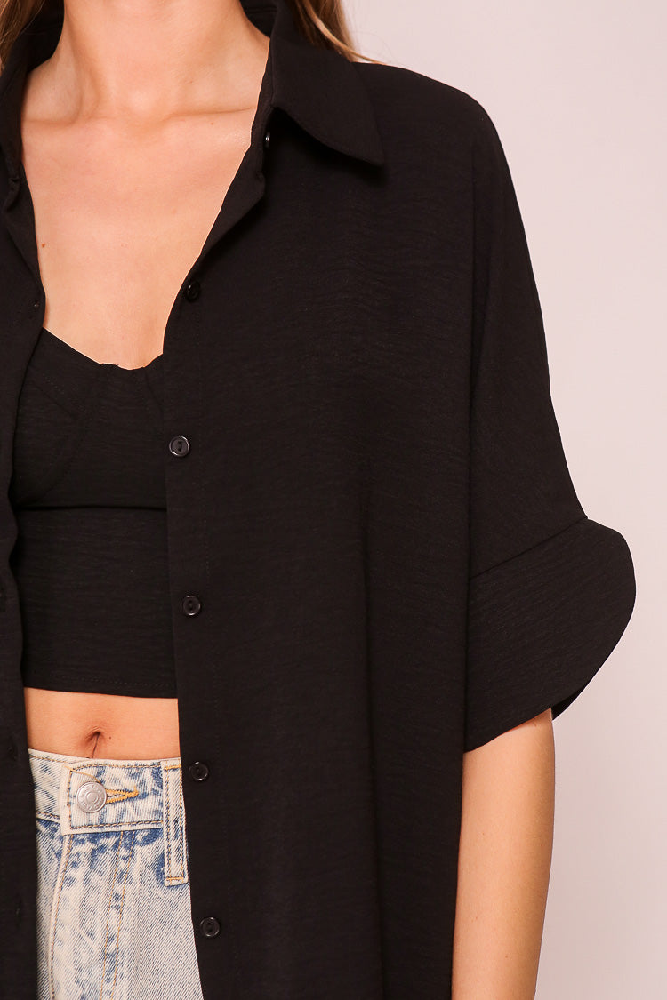 Close up of Timing (WN10311) Women's Short Dolman Sleeve Button Down Shirt with Shirt Collar in Black