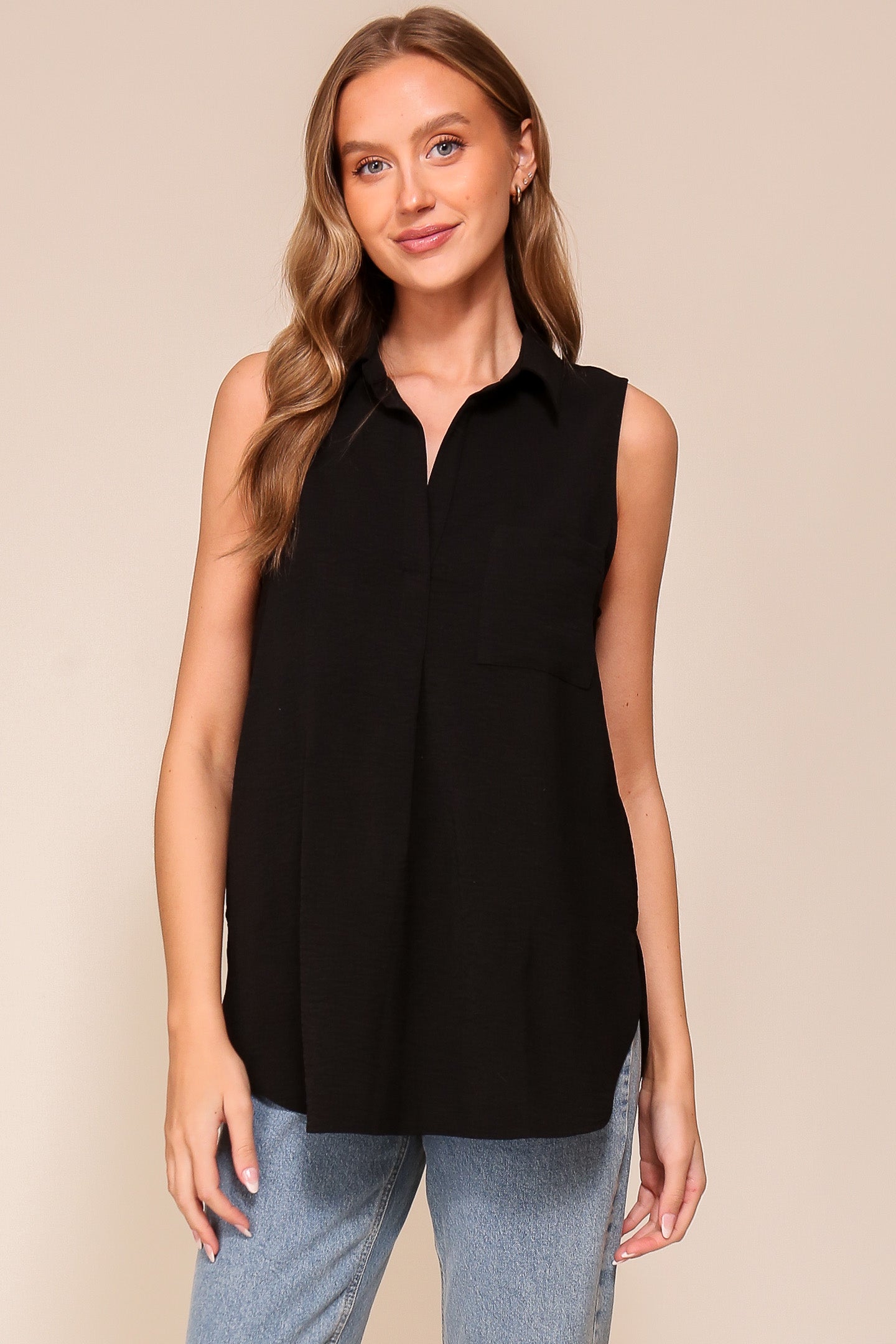 Timing (WN9713) women's Sleeveless Collared V-Neck Top with Chest Pocket and Flared Silhouette in Black 