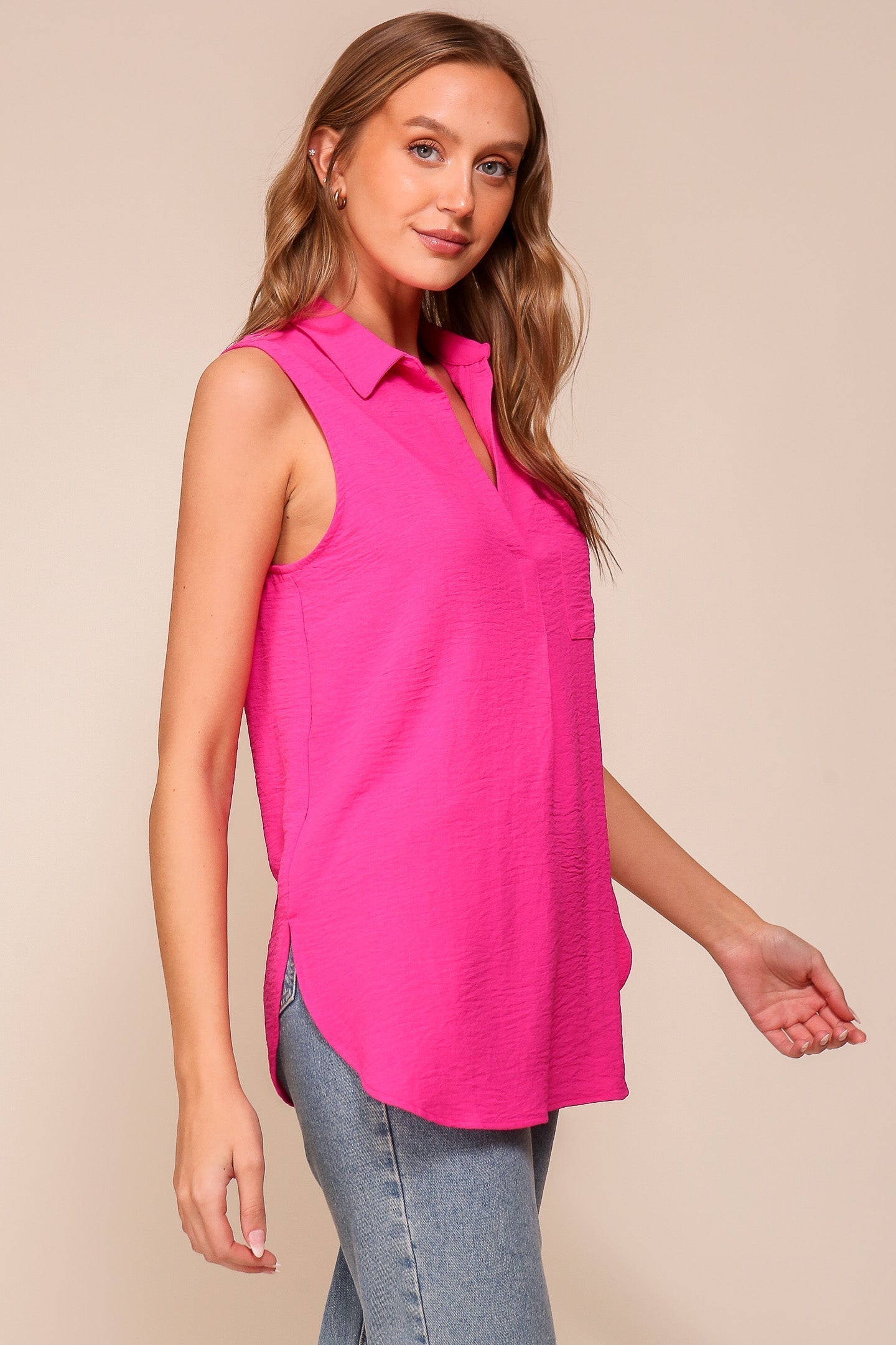 Timing (WN9713) women's Sleeveless Collared V-Neck Top with Chest Pocket and Flared Silhouette in PInk