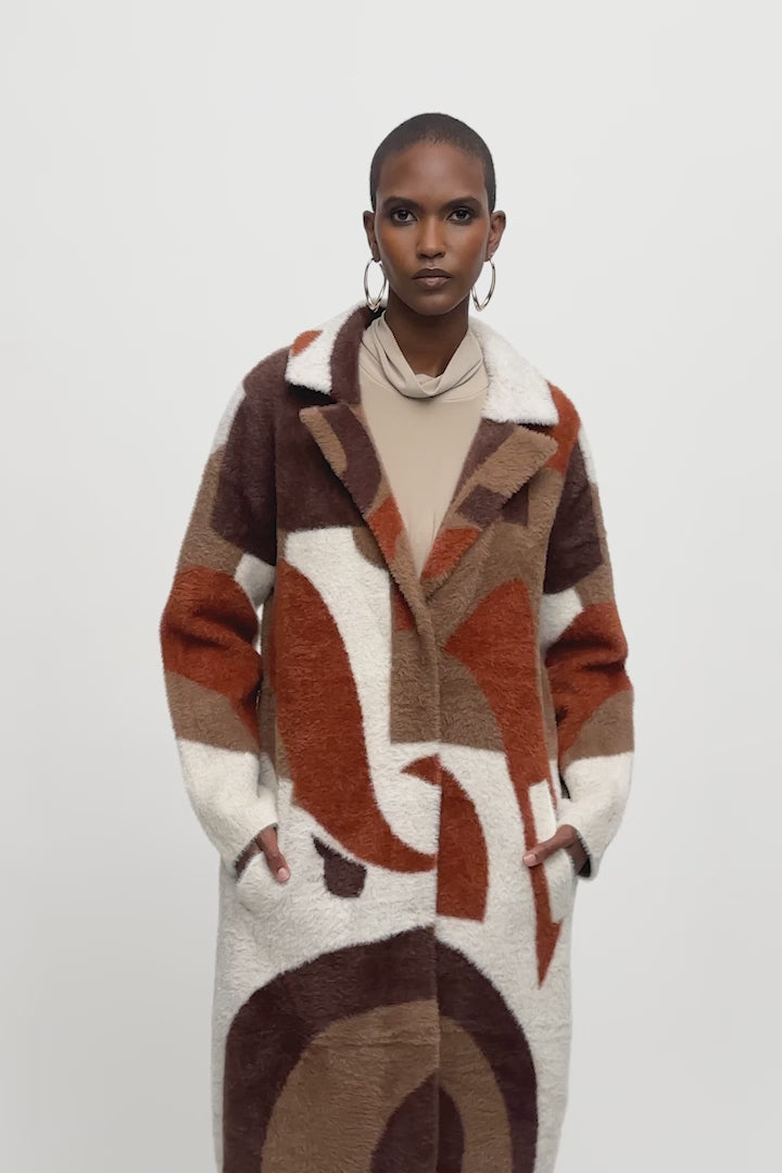 Joseph Ribkoff (243928) Long Sleeve Abstract Print Feather Yarn Sweater Coat in Cinnamon Brown and White