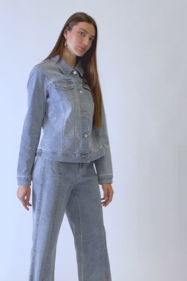 Video showing the fit of Joseph Ribkoff (241914) Women's Long Sleeve Fitted Jean Jacket with Allover Rhinestones in Light Blue Denim