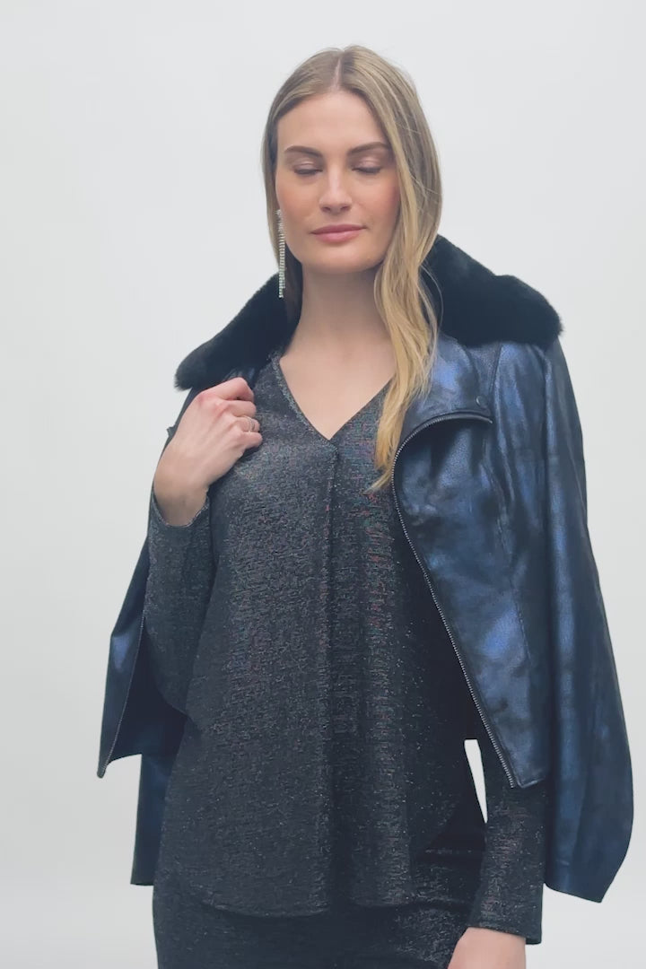 Video Joseph Ribkoff (244918) Long Sleeve Foiled Suede Jacket with Removable Faux-Fur Collar in Blue and Black