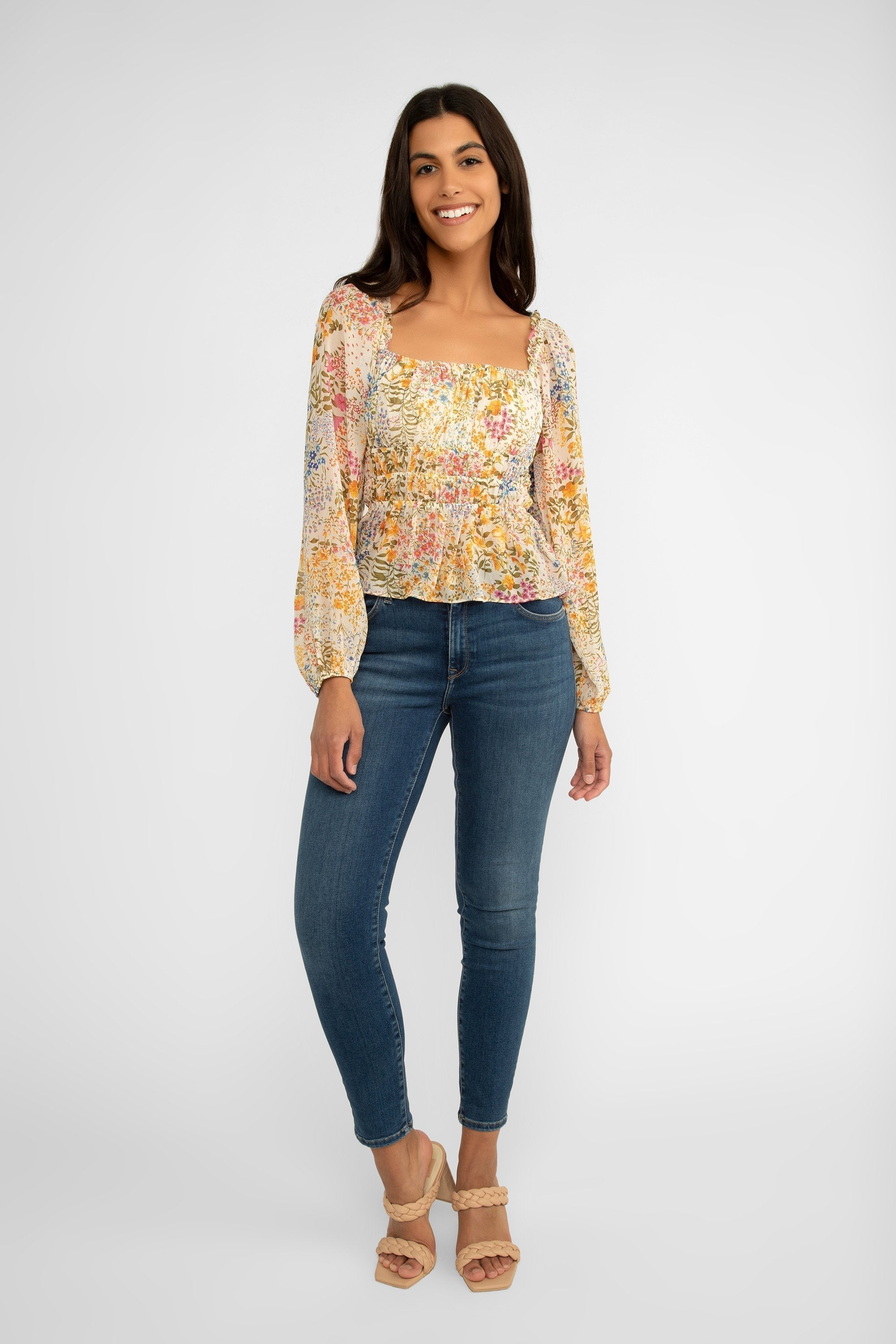 Long Sleeve Cream Floral Chiffon Blouse