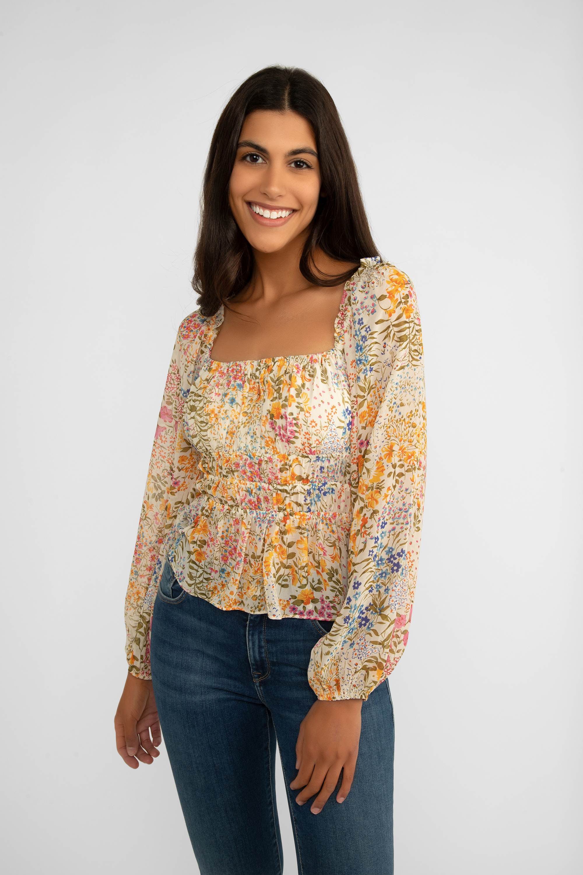 Long Sleeve Cream Floral Chiffon Blouse