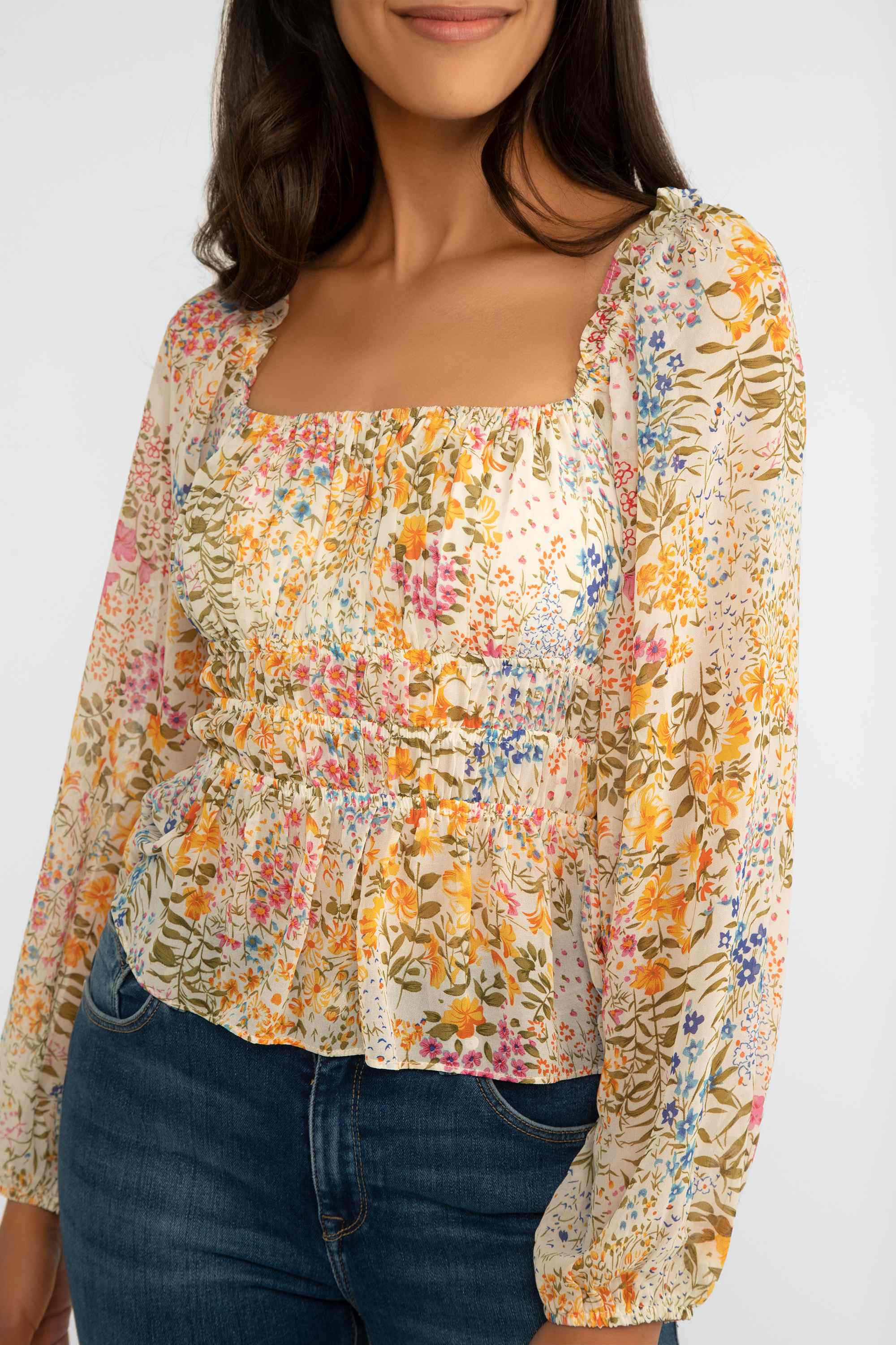 Long Sleeve Cream Floral Chiffon Blouse