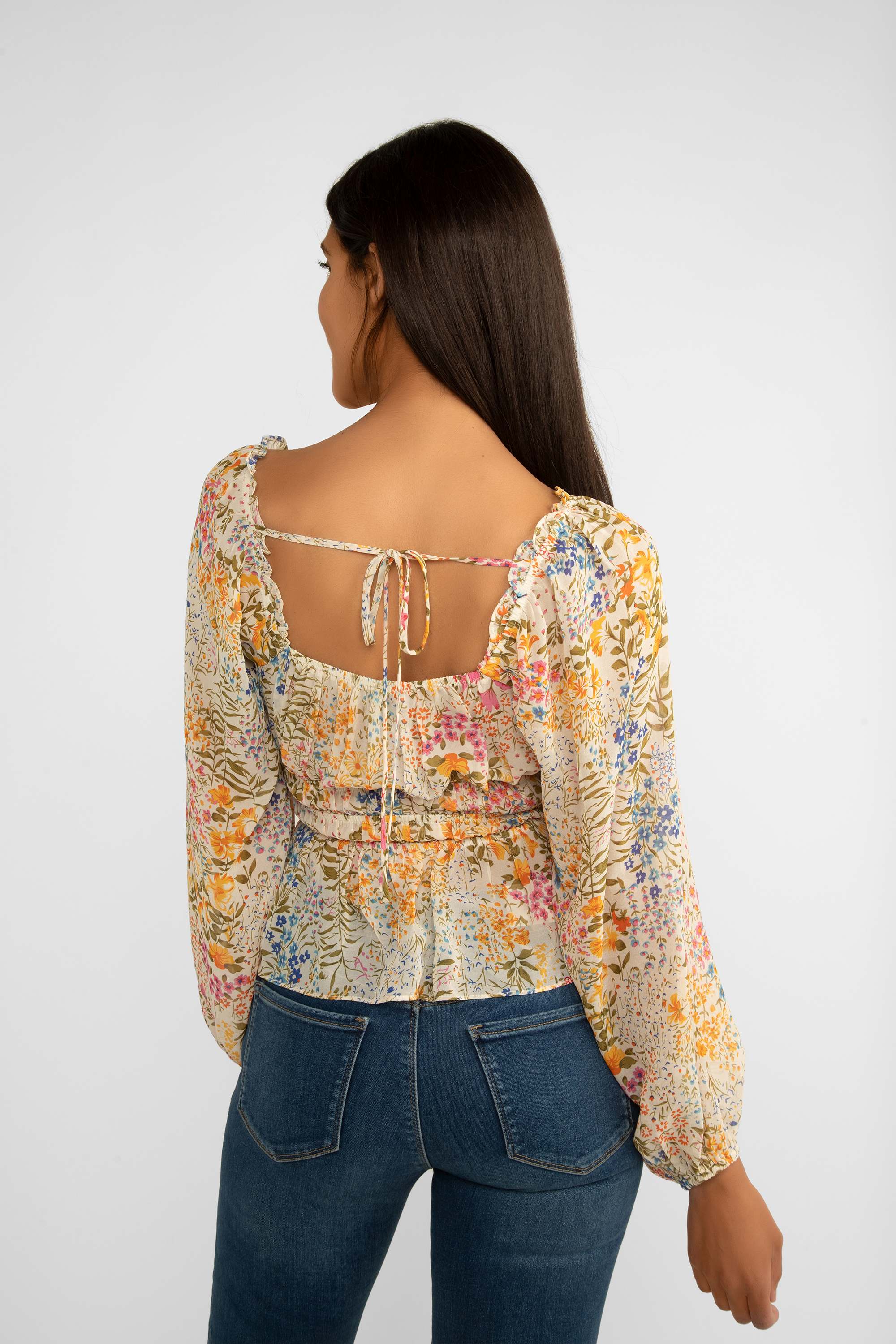 Lucy Paris (T2116) Women's Long Sleeve Cream Floral Chiffon Blouse with Square Neck and Gathered Waist