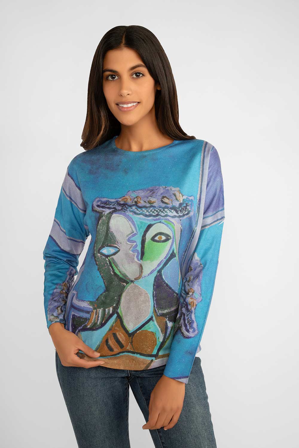 Women's Clothing CARRE NOIR (6524) Picasso Print Sweater in BLUE