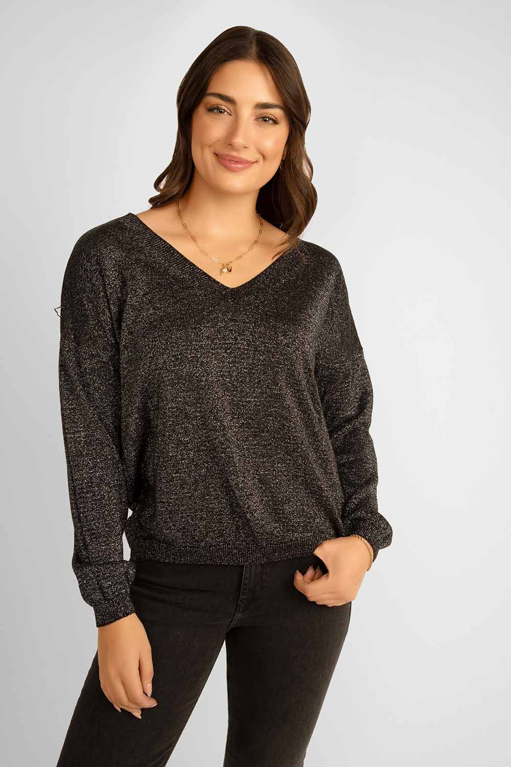 Women's Clothing ELISSIA (SL804) Lurex V-Neck Sweater in BLACK
