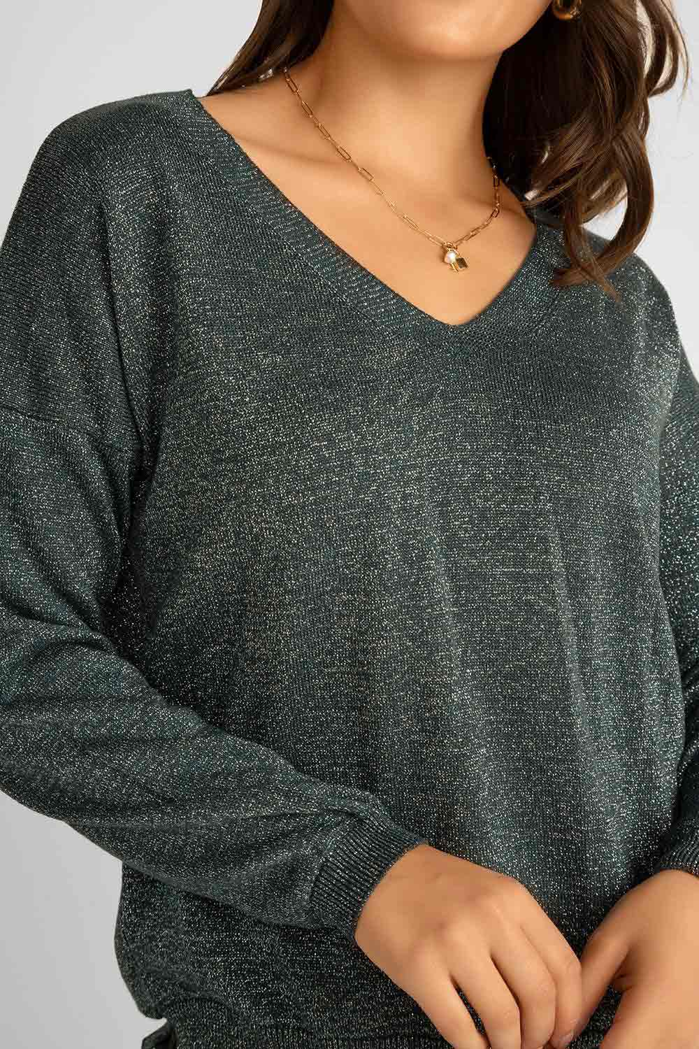 Women's Clothing ELISSIA (SL804) Lurex V-Neck Sweater in TEAL
