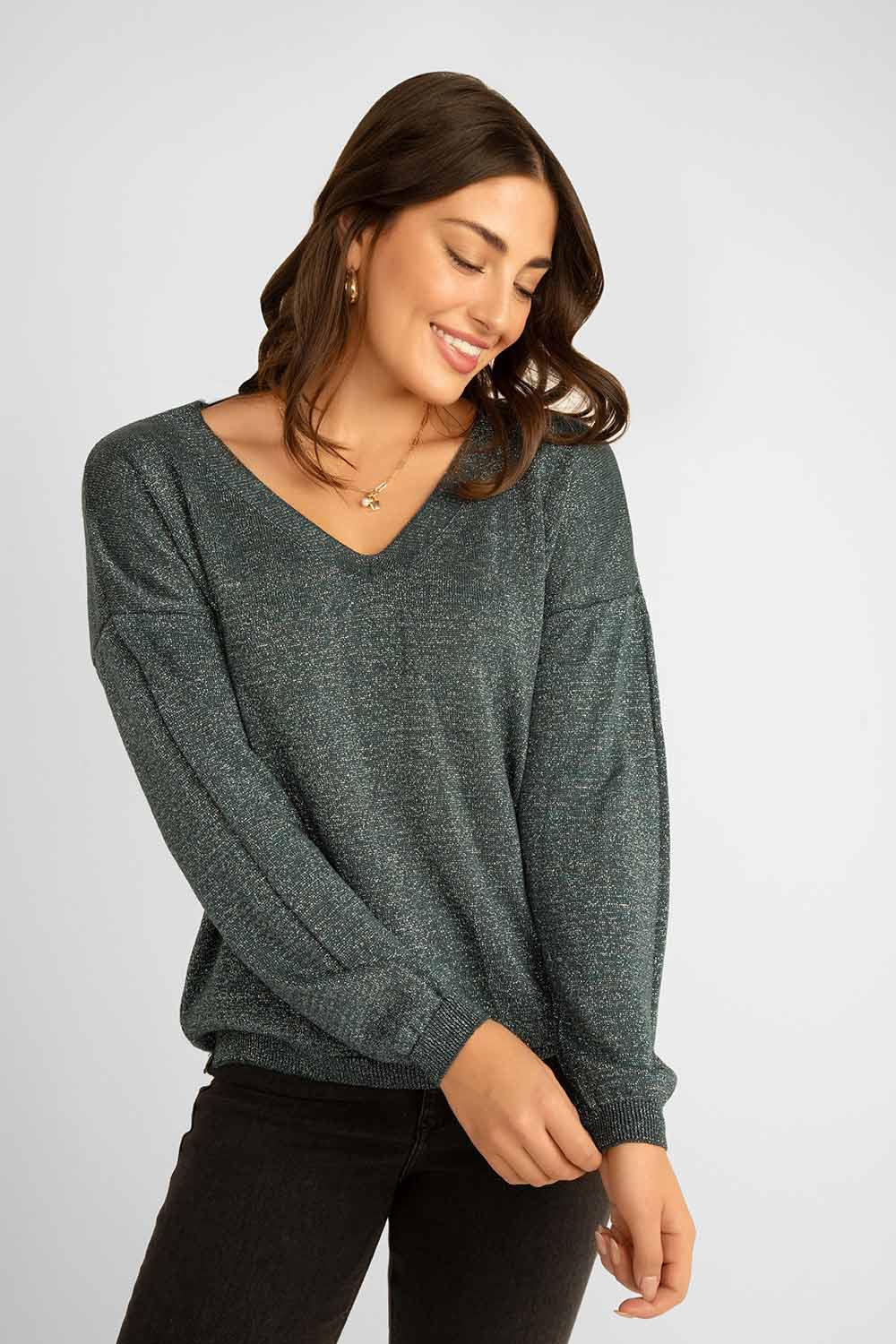 Women's Clothing ELISSIA (SL804) Lurex V-Neck Sweater in TEAL
